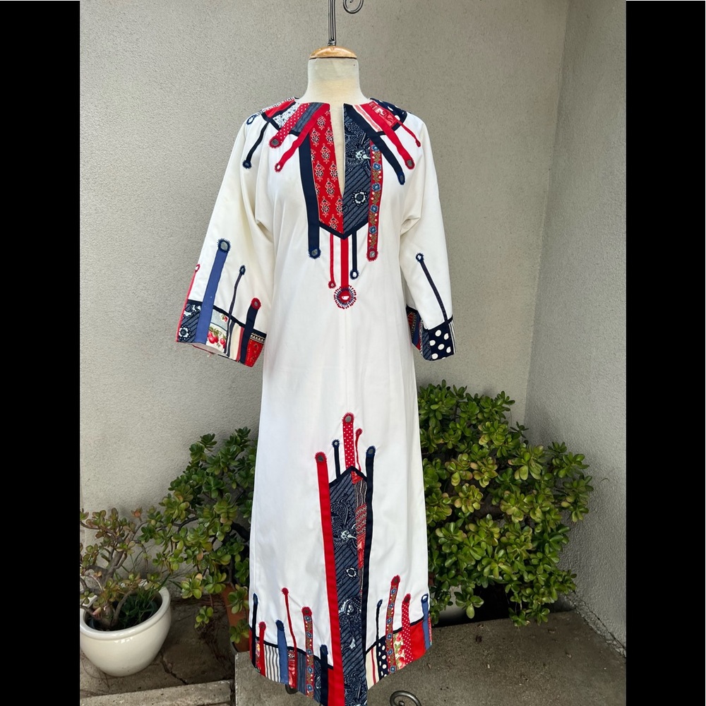 Vintage 70s boho kaftan long dress custom made white with red blue trim Small
